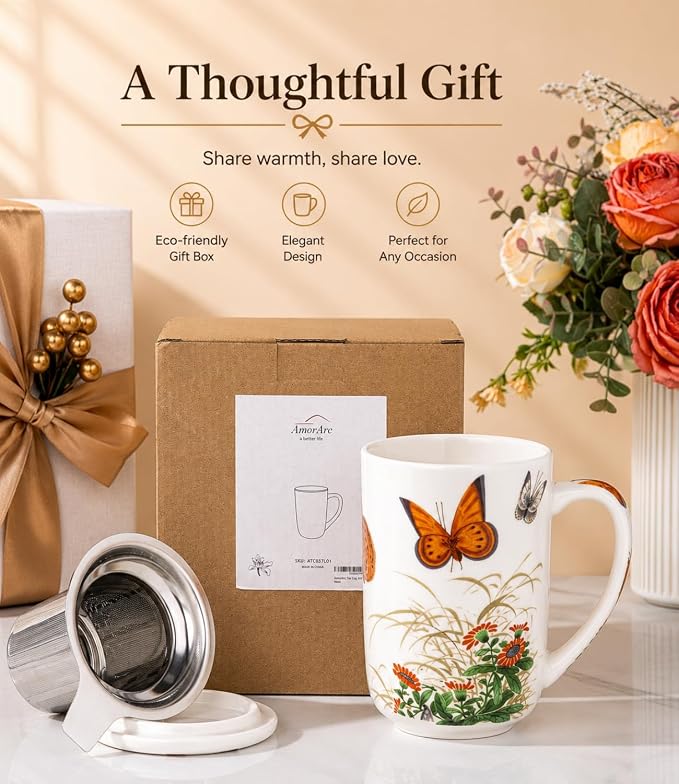 AmorArc Porcelain Tea Mug with Infuser and Lids, 18 Oz Coffee Cup Strainer with Bag Holder for Loose Leaf Tea, Steeping Coffee Mug for House-warming Wedding Birthday Gift