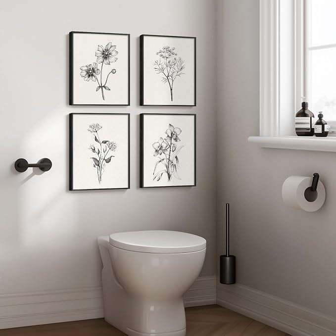 Framed Black and White Floral Wall Art for Bedroom, 4 Piece 11x14 In | Modern farmhouse wall decor, Minimalist flower pictures, Botanical canvas Prints, Living room kitchen bathroom wall decor