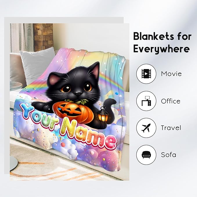 Girls Blankets Personalized 4 Sizes Cozy Soft Flannel Cat Throw for Couch, Bedroom