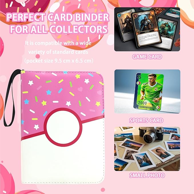 4 Pocket Card Binder 400 Card Holder Album, Pink Donut Trading Cards Holder Zipper Binder for Girl Teen Collection (Pink Donut, 400 Pocket)