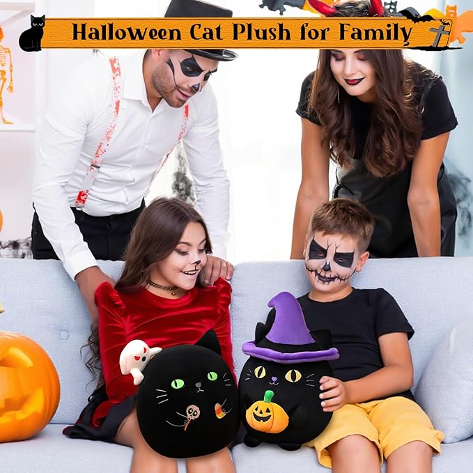 Halloween Candy Cat Stuffed Animal Toy, Black Cat Plush with Ghost and Candy for Home Decor, Halloween Party Gift for Kids（Candy Cat 10 Inch）