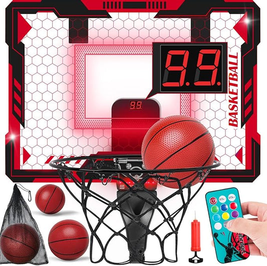 Remote Control Mini Basketball Hoop Indoor for Kids, Over Door Hoop Basketball with Electronic Scoreboard, Indoor Basketball Hoop with 4 Balls,Storage Clip&Bag,7 LED Light Toy Gift for Boy Girl 3+,Red