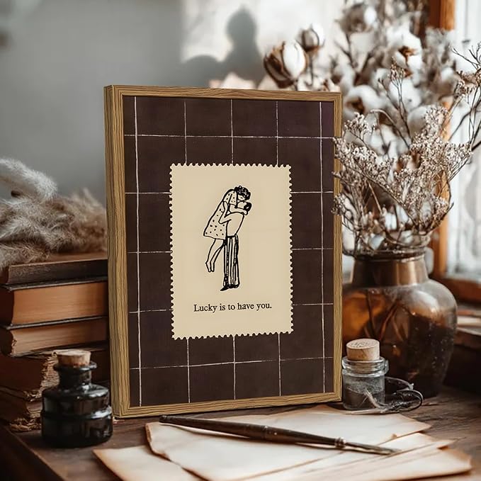 Vintage Love Couples Wall Art, Mid Century Lucky is to Have You Wall Decor Picture Romantic Anniversary Valentine Stamp Poster Canvas Prints for Bedroom Living Room 16x24 inch Wood Framed