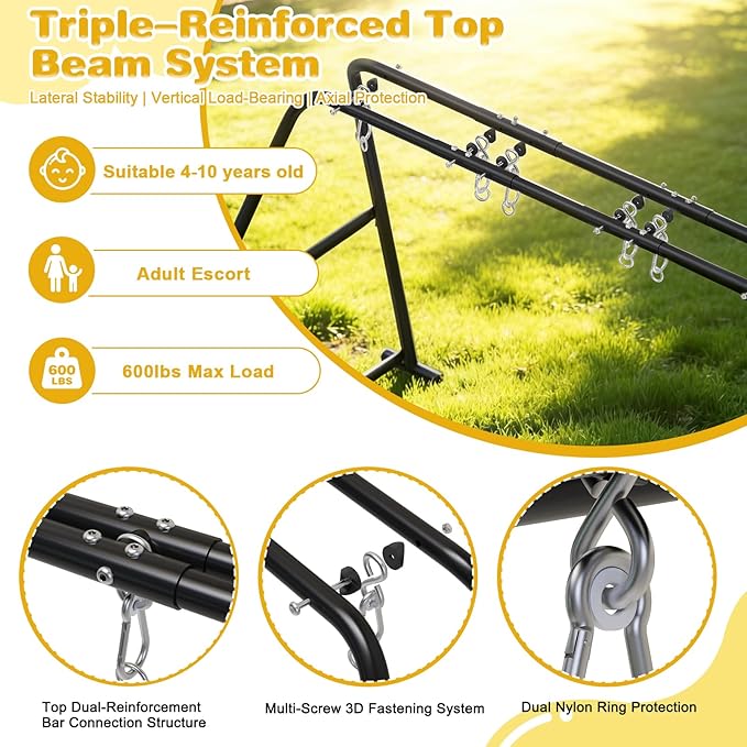 3-in-1 Swing Set for Backyard for Kids, with 1 Platform Swing, 2 Belt Swing, 600lbs Metal Swing Set for Toddler, Heavy-Duty Swing Stand w/8 Ground Stakes, Outdoor Swingset for Kids Adults (Black)