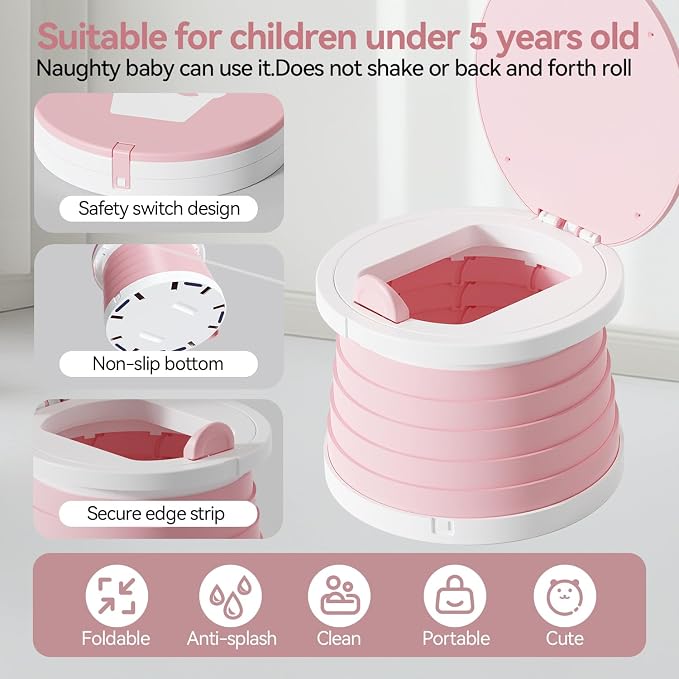 Portable Foldable Toddler Travel Potty - Medium Pink Potty Seat, Emergency Toilet for Car Camping Hiking, Lightweight Potty Chair for Indoor Outdoor Toddler Use (Pink)