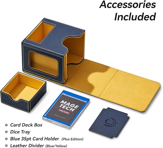 Mage Tech Card Deck Box for MTG Commander - Patented Design, Commander Display, Fits 100 Double-Sleeved Cards, 35pt Card Brick & Dice Tray - Blue/Yellow