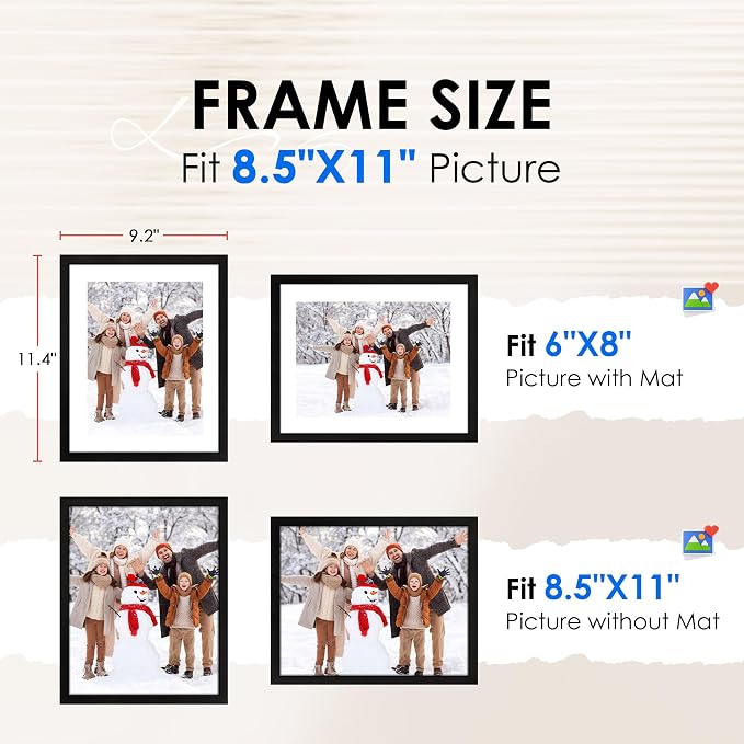 8.5x11 Picture Frame Bulk-6 Pack, Photo Frame with HD Plexiglass, Display Pictures 6x8 with Mat or 8.5x11 Without Mat, Black Picture Frames Collage Wall Decor, Gallery Wall Frame