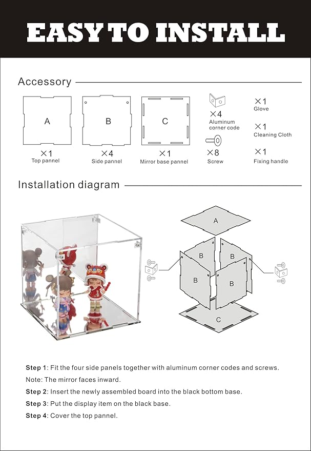 Self-Assemble Acrylic Display Case with Mirrored Back, Clear Action Figure Storage Display Box with Mirrored Base Stand, Cube Storage Containers for Home Office Collectibles, 6x6x6Inch