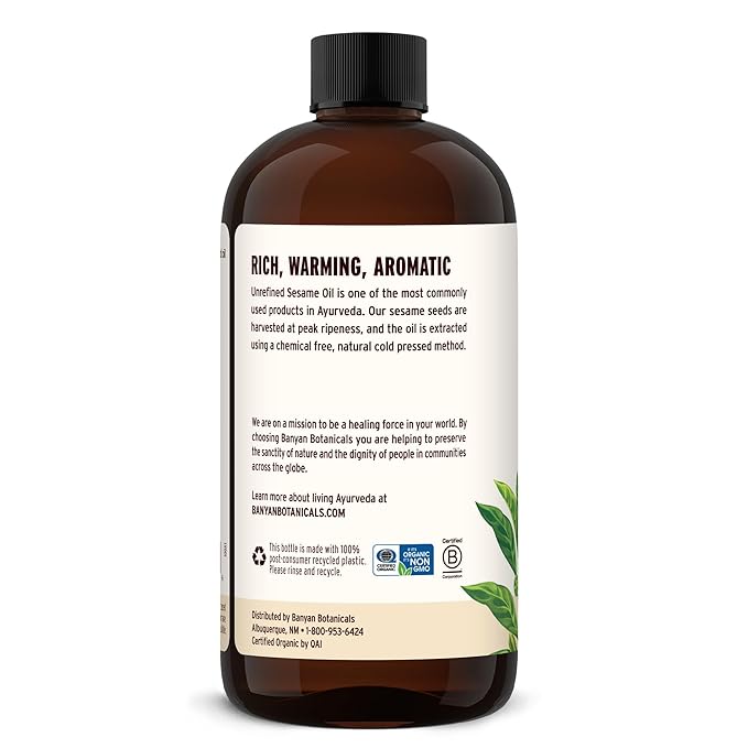 Banyan Botanicals Organic Unrefined Sesame Oil – Rich & Warming Ayurvedic Massage Oil for Body & Scalp – Traditional Abhyanga Oil for Deep Tissue Grounding & Recovery – 24 oz – USDA Organic