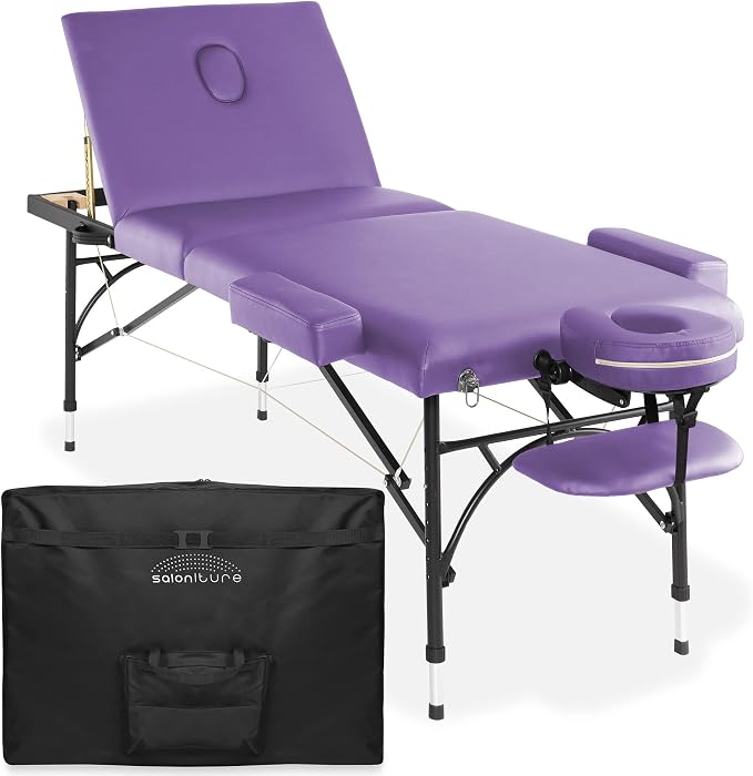 Saloniture Professional Portable Lightweight Tri-Fold Massage Table with Aluminum Legs - Includes Headrest, Face Cradle, Armrests and Carrying Case, Lavender