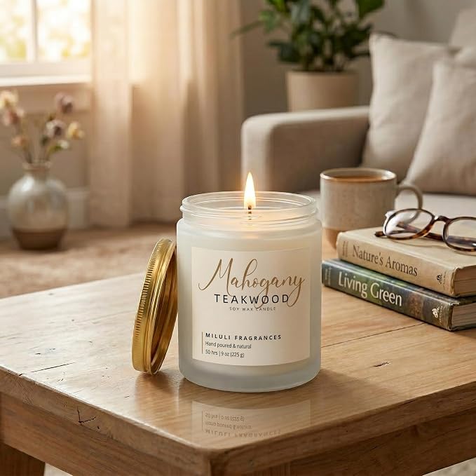 Mahogany Teakwood Scented Candles for Home - 15% Essential Oil Luxury Aromatherapy - Handmade Natural Soy Wax Candle for Women Men Relaxation - 9oz Frosted White Jar,50H Clean & Non-Toxic Burn
