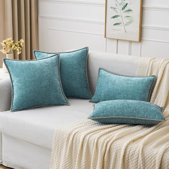 MIULEE Decorative Lumbar Throw Pillow Covers 12x20 Inch Aqua Blue 2 Pack | Farmhouse Pillow Covers with Stitched Edge, Soft Chenille Cushion Cases, for Couch Sofa Bed Living Room Home Decor