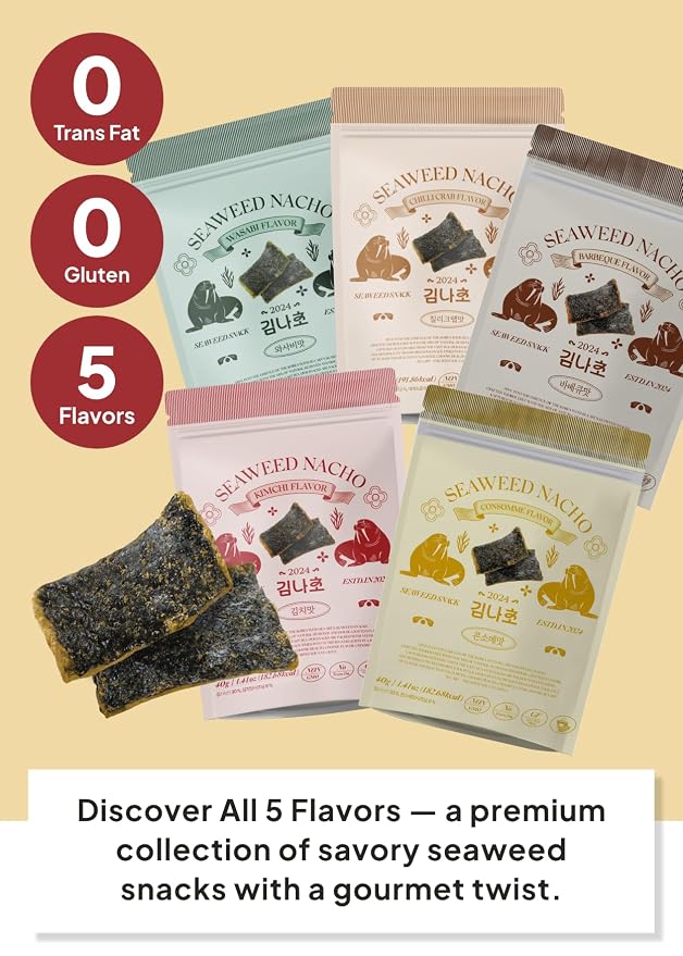 Korean Food Seaweed Nachos Variety Pack, 5 Flavor, Crispy Snack, 5 Pack | Variety pack featuring kimchi, sweet corn, BBQ, wasabi, and chili crab flavors