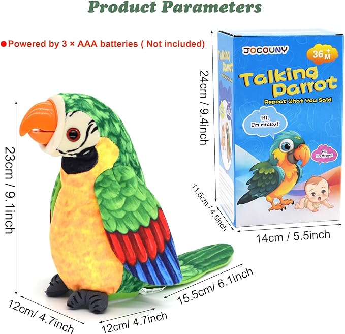 Toddler Toys - Talking Parrot Repeats What You Said, Interactive Toy Electronic Stuffed Animals Plush Pet Doll for Babies Kids Boys Girls Party Birthday