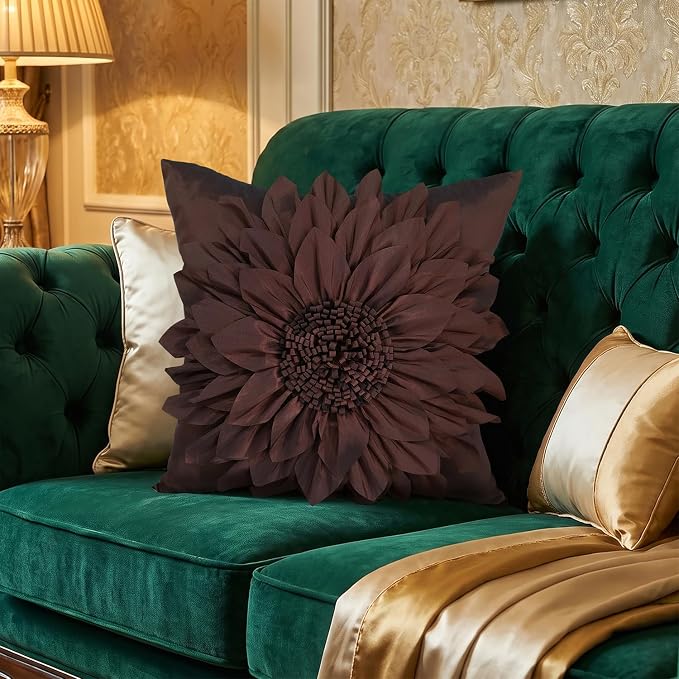 Brown Accent 3D Flower Decorative Throw Pillow Covers for Bed Sofa Couch | Bella's Giftshop Handmade Sunflower Taffeta Pillow Cases Living Room Bedroom Decor, 18x18 Inch