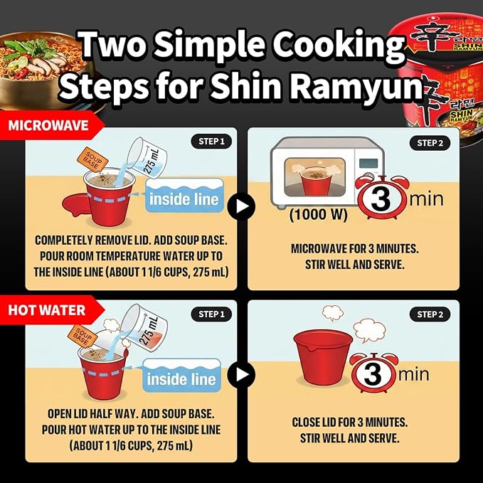 Nongshim Shin Ramyun Cup of Noodles, Spicy Signature Korean Instant Ramyun, Rich Beef Flavored Broth, Quick and Easy, Microwaveable Cup, 2.64 oz (Pack of 6)