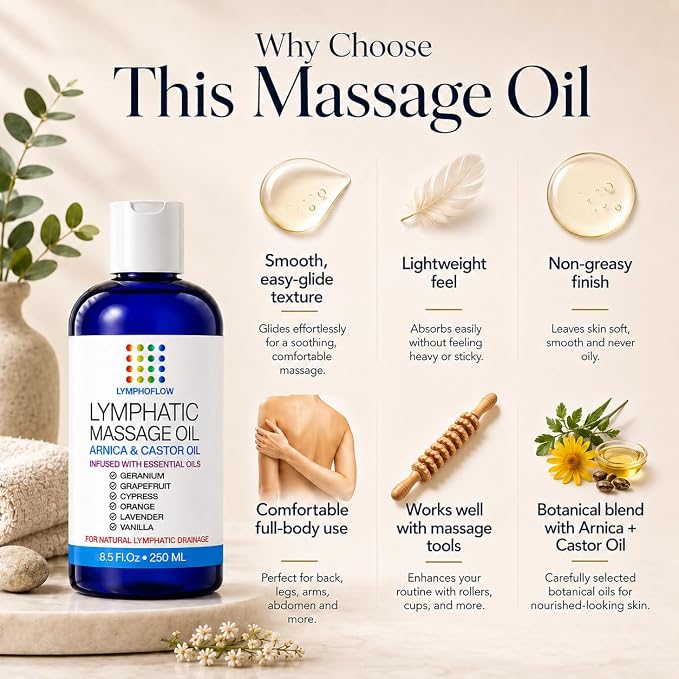 Bruizex Lymphatic Drainage Massage Oil with Arnica & Cold Pressed Castor Oil- Lightweight Non-Greasy Body Massage Oil for Daily Lymphatic Massage, Aftercare Routine, Post Surgery, BBL, Lipo - 8.5 Oz