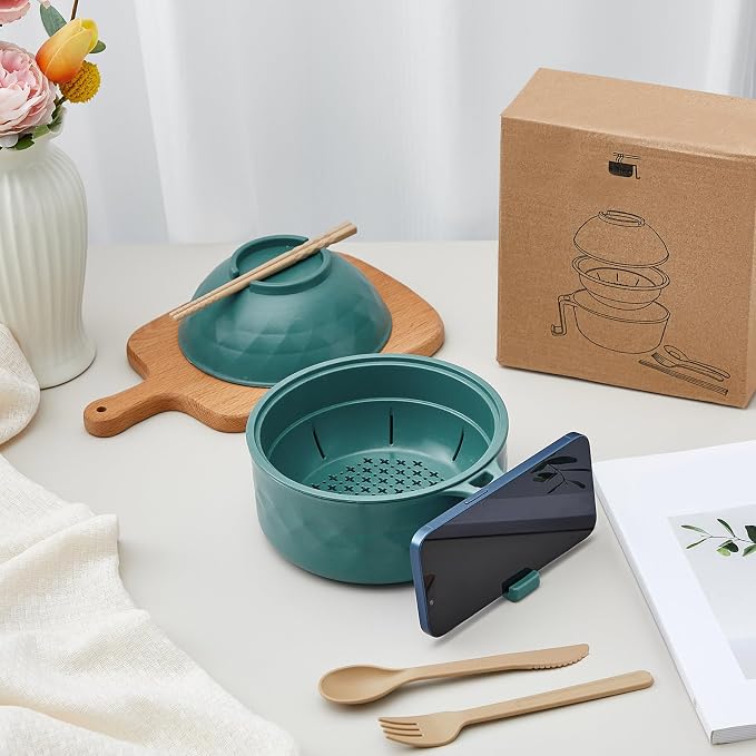 1 Set Microwave Ramen Cooker 40oz Wheat Straw Microwave Noodle Bowl Set with Chopsticks, Spoon, Fork, College Dorm Office Apartment Essentials (Dark Green)