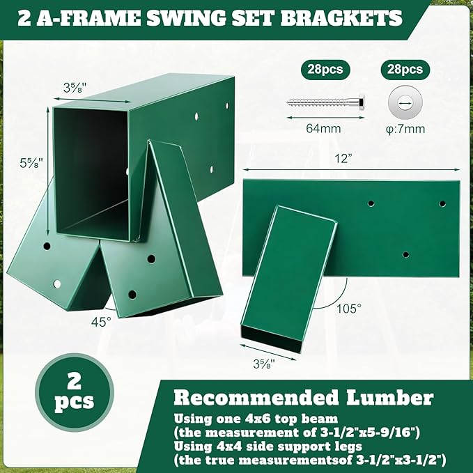 Duraaamo 3 Pcs Heavy Duty Swing Set Bracket Kit – 3 A-Frame Hardware for DIY Outdoor Playground, Includes 2 Main Brackets & 1 Middle Bracket(Green)