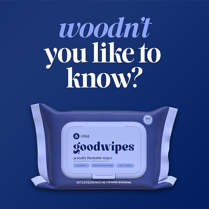 goodwipes Flushable Wipes - Cedar Wet Wipes for Adults, Sewer & Septic Safe, Guest Bathroom Essentials for Women & Men, pH Balanced & Extra Large, 153 Count (3 Packs and 3 Singles)