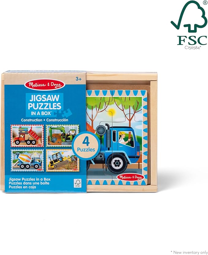 Melissa & Doug 4‑in‑1 Wooden Construction Vehicles Jigsaw Puzzle Set, 48 Pieces with Storage Box, Toddler Puzzle Toy for Kids Ages 3+ - FSC Certified