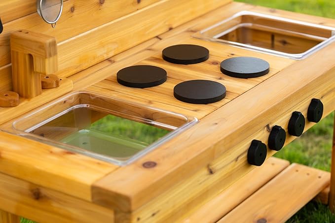 Noble Toys XL Cedar Outdoor Mud Kitchen Centered with Backsplash and Stovetop for Toddlers Kids | Pretend Play Table | Sensory Table | Outside Playset | Real Wooden Kitchens | Preschool Equipment