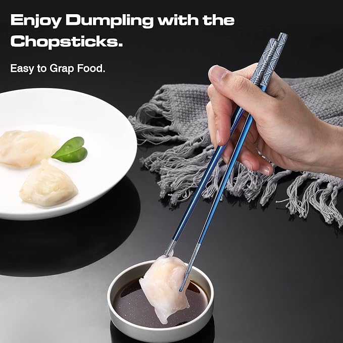 Metal Chopsticks - Reusable 18/8 Stainless Steel, Titanium Laser Engraved - Premium Lightweight Japanese Korean Chopsticks - Dishwasher Safe - 5 Pairs Gift Set (Blue)