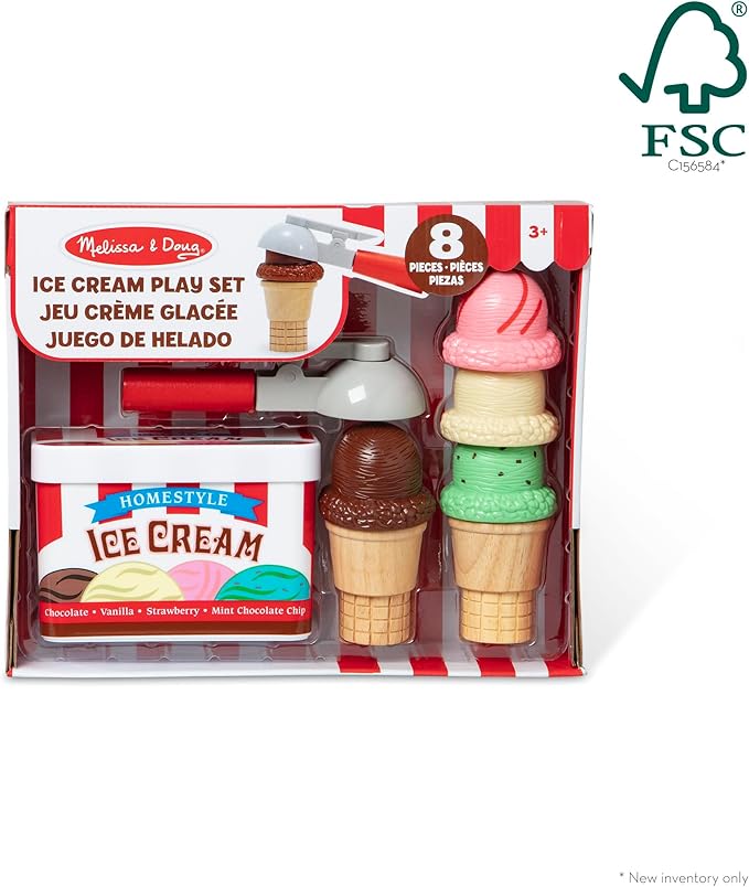Melissa & Doug Scoop and Stack Ice Cream Playset, Magnetic Wooden Toys & Pretend Play Kitchen Accessories, Preschool Learning Toys for Girls & Boys 3+ - FSC Certified