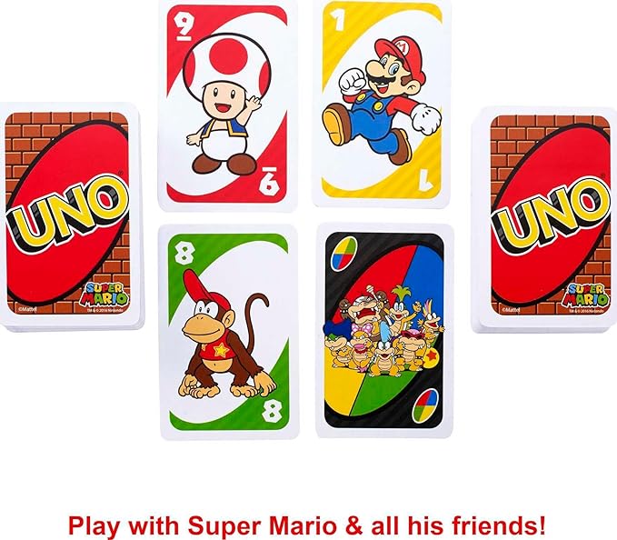 Mattel Games UNO Super Mario Card Game Animated Character Themed Collector Deck 112 Cards with Character Images, Gift for Kids Ages 7 Years Old & Up