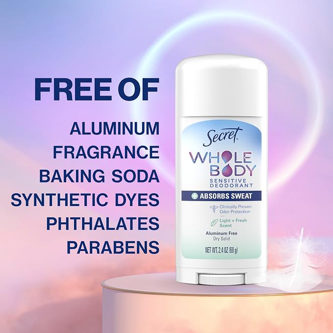 Secret Whole Body Deodorant Dry Feel Stick + Absorbs Sweat for Women, Naturally Derived Ingredients, Light & Fresh Scent, Aluminum Free Deodorant Stick, 72 HR Odor Protection, 2.4 oz