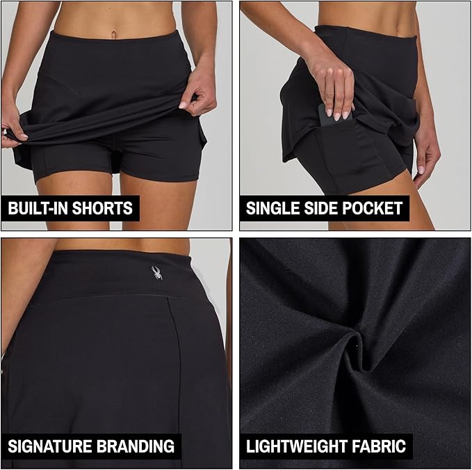 Spyder Skorts for Women - Built-in Shorts, Skirt for Golf Tennis Pickleball | Stretch fabric; true to size; inner shorts liner; lightweight; breathable; ideal for gym, running, yoga, hiking, work outs