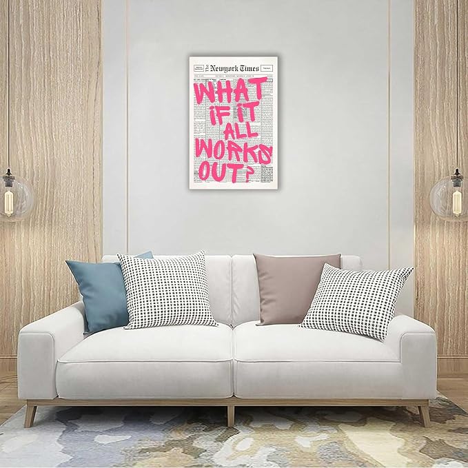 Drimiler Retro Newspaper Pink Font Poster What If It All Works Out Canvas Wall Art Positive Affirming Quote Minimalist Prints Painting For Home Bedroom Dorm Wall Decor 12x18in Wframed