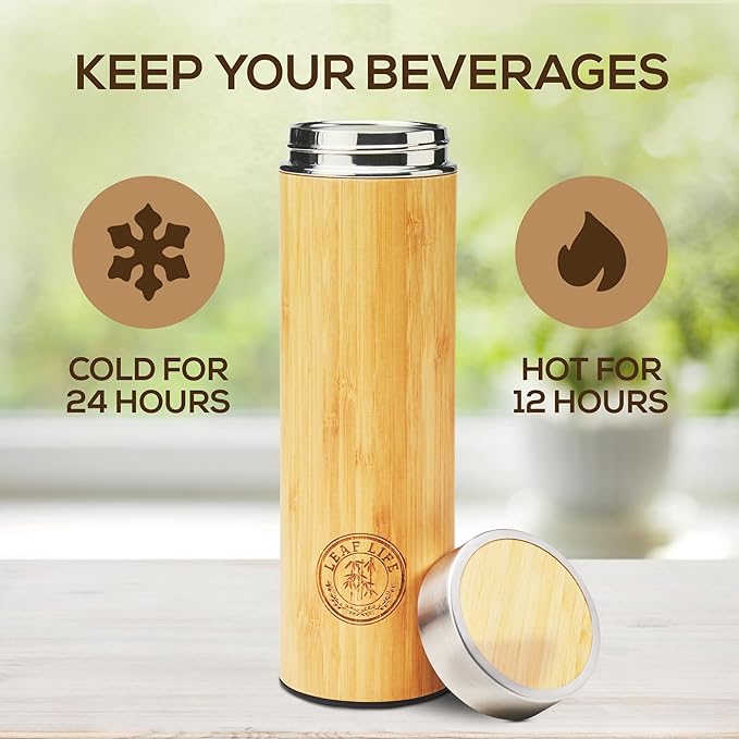 LeafLife Premium Bamboo 22oz Tea Bottle – Infuser Bottle – Insulated Coffee & Beverage Tumbler – Gift Set & Accessories