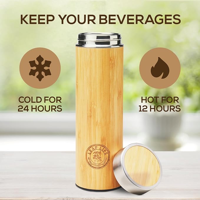 LeafLife Premium Bamboo Tea Bottle for Loose Tea - Tea Infuser Bottle - Tea Gifts - Insulated Water Bottle/Coffee Tumbler/Tea - Tea Gift Set, Tea Accessories - Tea Tumbler 17oz