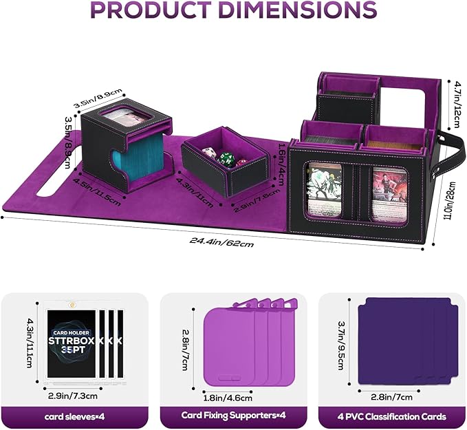 Trading Card Storage Box for MTG, MTG commander deck box，Multi-purpose Deck Case for MTG TCG Sports Card, 4 Toploaders, 4 Stoppers, 4 Colorful Dividers (Black & Purple)