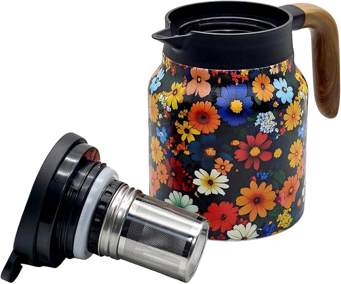 35 OZ Vintage Floral Tea Pot with Infuser, Insulated Stainless Steel Tea Kettle, 12 Hour Hot/Cold Retention, Tea-Water Separation Loose Leaf Tea Steeper for Hot Drinks (Daisy)