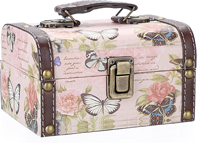 ELLDOO Decorative Treasure Chest Box, Wooden + PU Leather Storage Box for Jewelry Trinkets, Keepsakes box for Girls Women Gifts (Butterfly Pattern, Small)