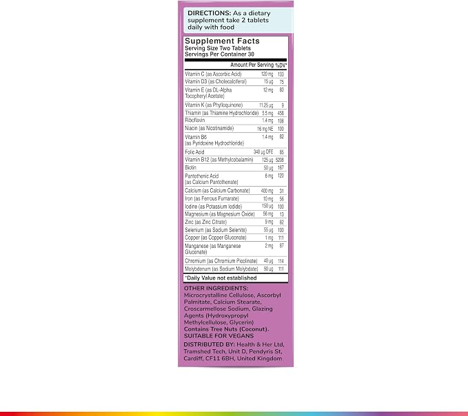 Health & Her Multivitamin for Women 55+ & Postmenopausal, 30 Day Supply | Daily dietary supplement with 22 key nutrients for wellbeing after menopause; Vegan, gluten-free; 60 tablets