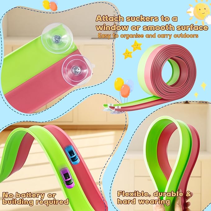 Flex Tracks 15 Ft for Kids Starter Set, Flexible Race Car Ramp Track with Suction Cups Compatible with Hot Wheels and Diecast 1/64th Cars for Ages 3 & Up (Green & Pink)