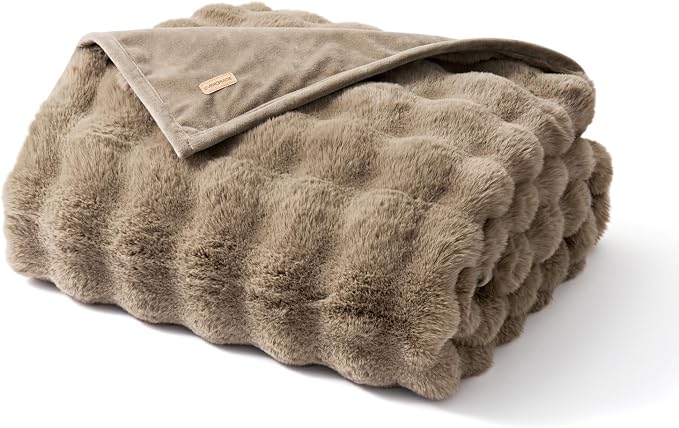 Faux Rabbit Fur Bubble Throw Blanket, 50"x60", Greige | Ultra Soft, Luxury Faux Rabbit Fur Throw, Thick Warm Bubble Blanket, Cozy Fluffy Reversible, for Bed, Couch, Chair, Sofa