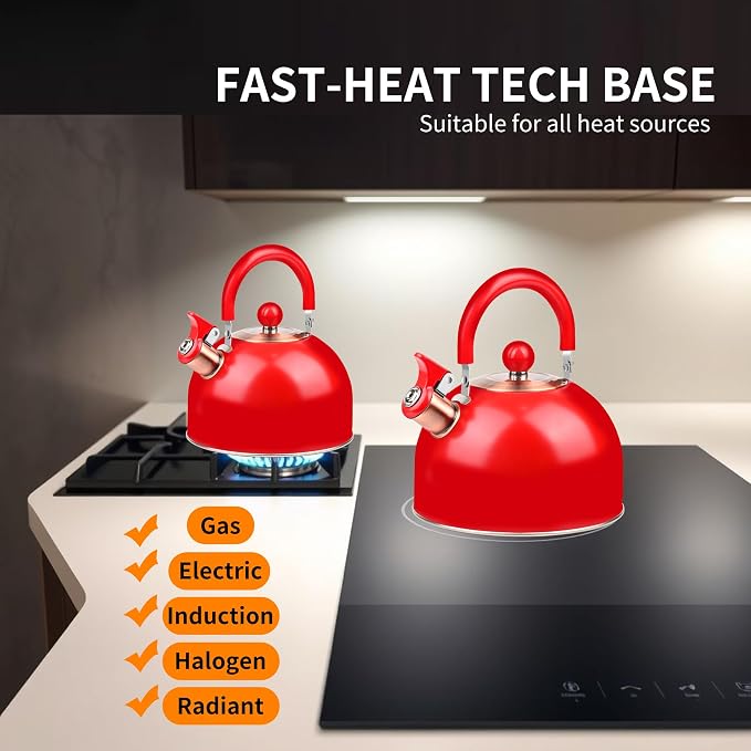 2.6 Quart Red Whistling Tea Kettle for Stovetop, Stainless Steel Teapot with Cool-Touch Handle, Loud Whistle, Wide Base, Gas Electric Induction Compatible