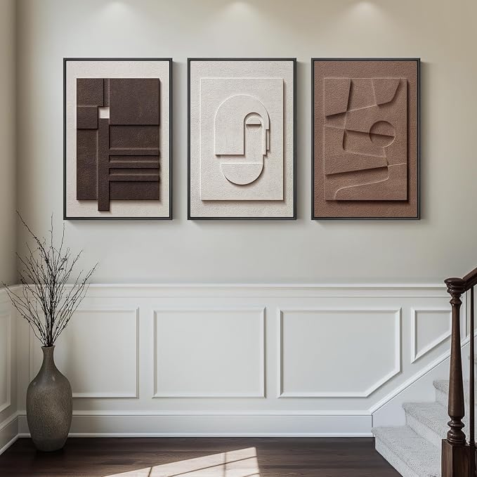 3D Textured Framed Brown and White Abstract Wall Art Set, 3 Piece 16x24 In | Solid wood frames, sculptural relief details, deep brown and ivory tones, ready to display in bedroom living room and dining
