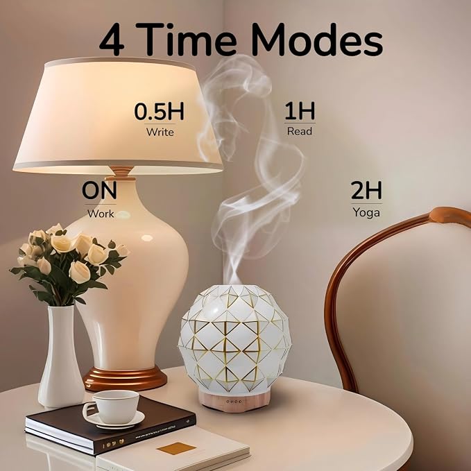 Essential Oil Diffuser, 100ML Handcrafted Glass Aromatherapy Diffuser with 7 Color LED Lights, Remote Control, Cool Mist Humidifier, Timed Mist, Auto Shut-Off (White)