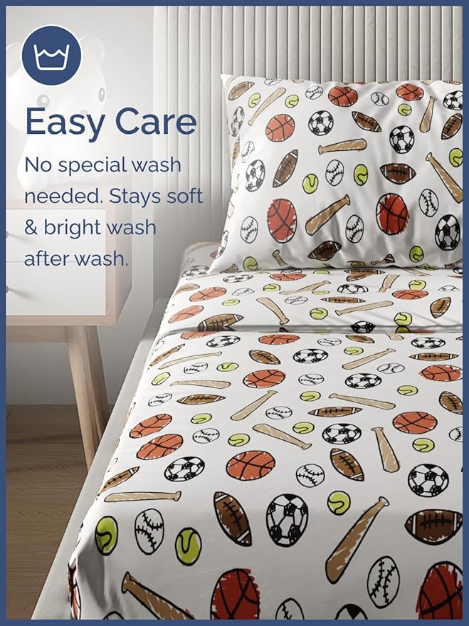 Kids Queen Size Bed Sheet Set - 4 Piece Kids Loft Bed Sheets - Soccer, Basketball, Football, Tennis & Baseball - Soft, Cute - Breathable & Machine Washable - Bed Set for Boys, Girls, Teens & Toddlers
