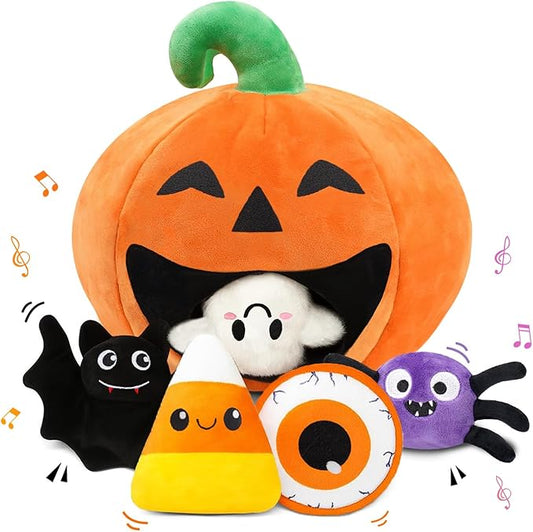 My First Halloween Baby Toys, Cuet Pumpkin Stuffed Animal Decor with Ghost Spider Bat Candy Corn Plush Toys and Small Mirror, Halloween Plush Gifts Basket Party Favors for Kids Babies Toddlers