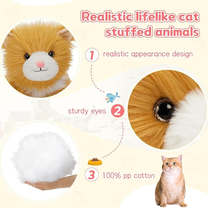 Tezituor 2 Pcs Realistic Cat Stuffed Animal Set, 17 Inch Large Stuffed Teddy Cat Plush Toy with Long-Hair, Cute Plush Kitten Birthday Gift for Girl Boy (Orange & Golden)