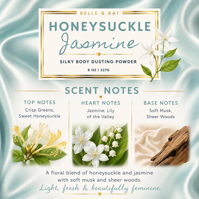 Honeysuckle Jasmine Scented Body Powder for Men & Women, Bath Perfume Dusting Powder with Fragrance & Essential Oils, Talc Free 8oz Container with Puff, Made in USA
