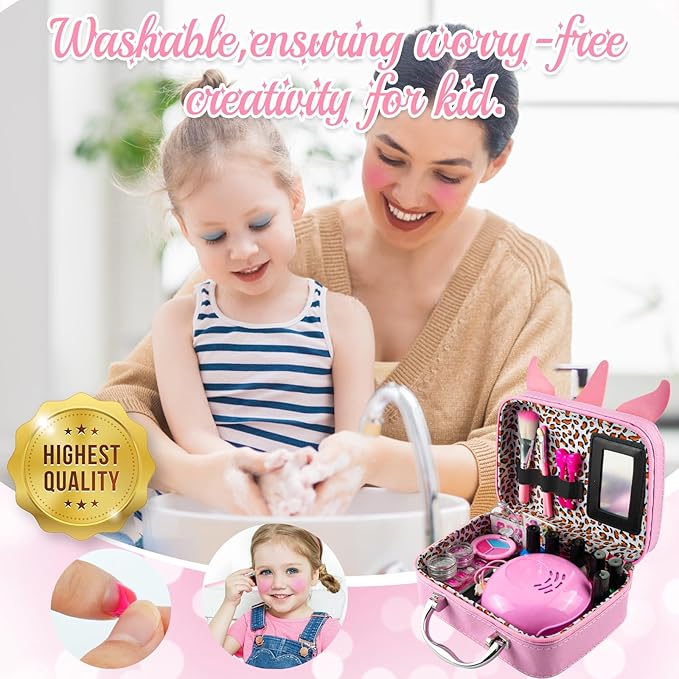Kids Washable Makeup Kit& Nail Polish Kit for Girl, Kids Play Makeup Set Nail Art Princess Make Up Pretend Play Christmas Birthday Gift for Girls 3 4 5 6 7 8 9 10 11 12 Year Old