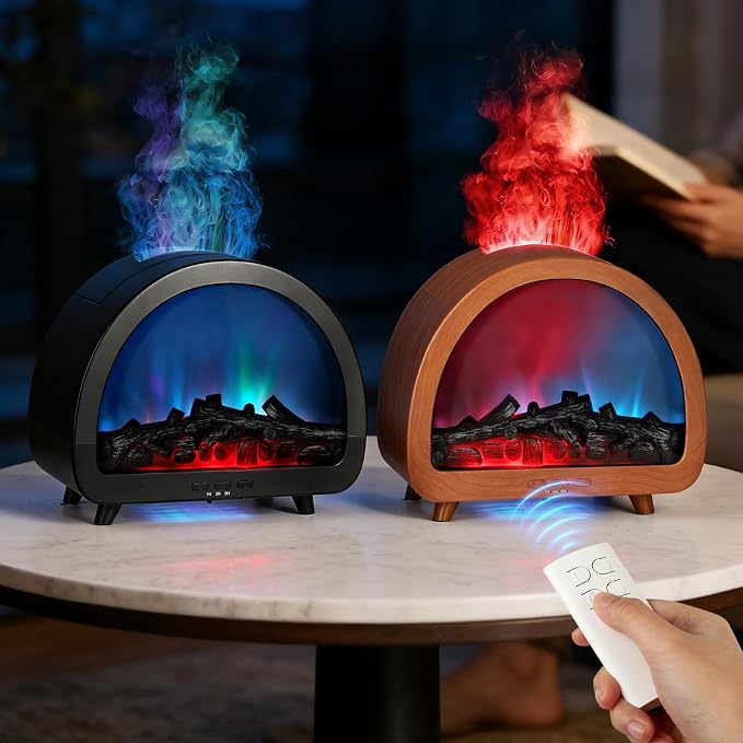 2 Pack Flame Essential Oil Diffuser 200ml Ultrasonic Cool Mist Humidifier 12 Colors LED Light with Remote Control Aromatherapy Diffuser for Home Bedroom Hotel Office Spa Yoga,Wooden Grain+Black