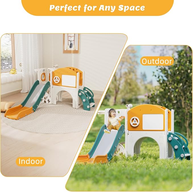 67i Indoor Toddler Slide with Drawing Board, Golf Set, Basketball Hoop - Kids Playground for 1-3 Year Olds, Non-Slip Steps & Storage Space (Green Yellow)
